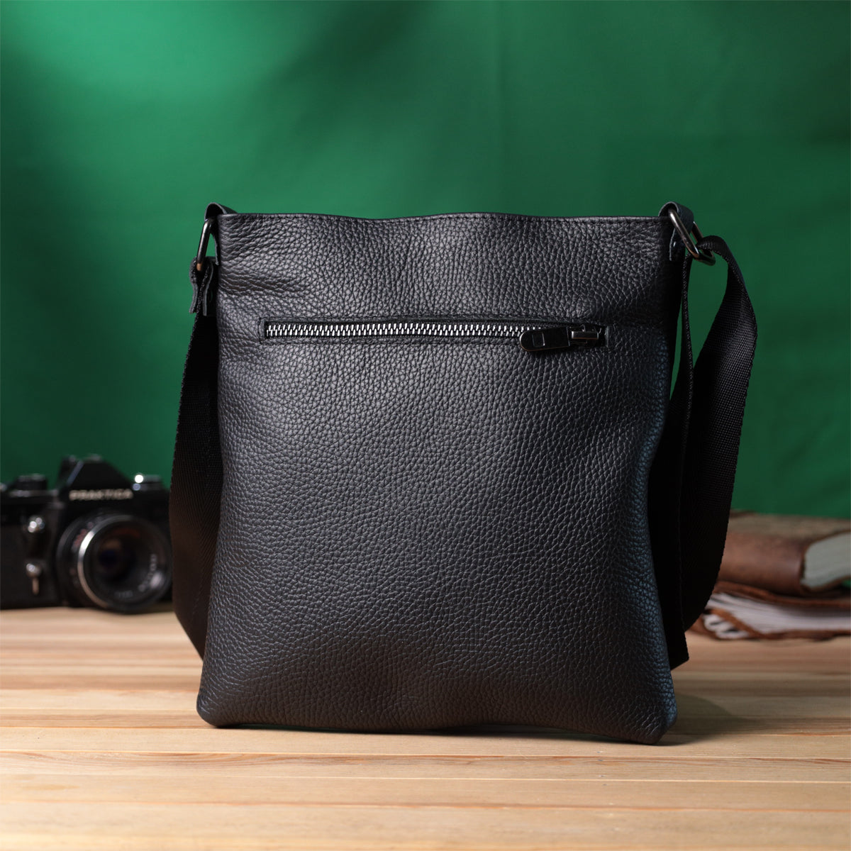 Men's Shoulder Leather Bag by SHVIGEL, Model 22850, Black, Natural Leather Finish