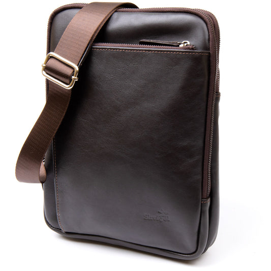 Stylish Tablet Bag SHVIGEL 11282 Brown Smooth Leather with Zipper Pocket