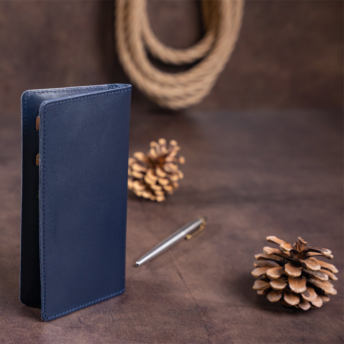 Vertical Wallet SHVIGEL 13993 Blue Natural Leather Handmade from Ukraine