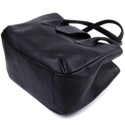 Leather Handbag by SHVIGEL 22829 - Elegant Black Design with Two Handles from Ukraine