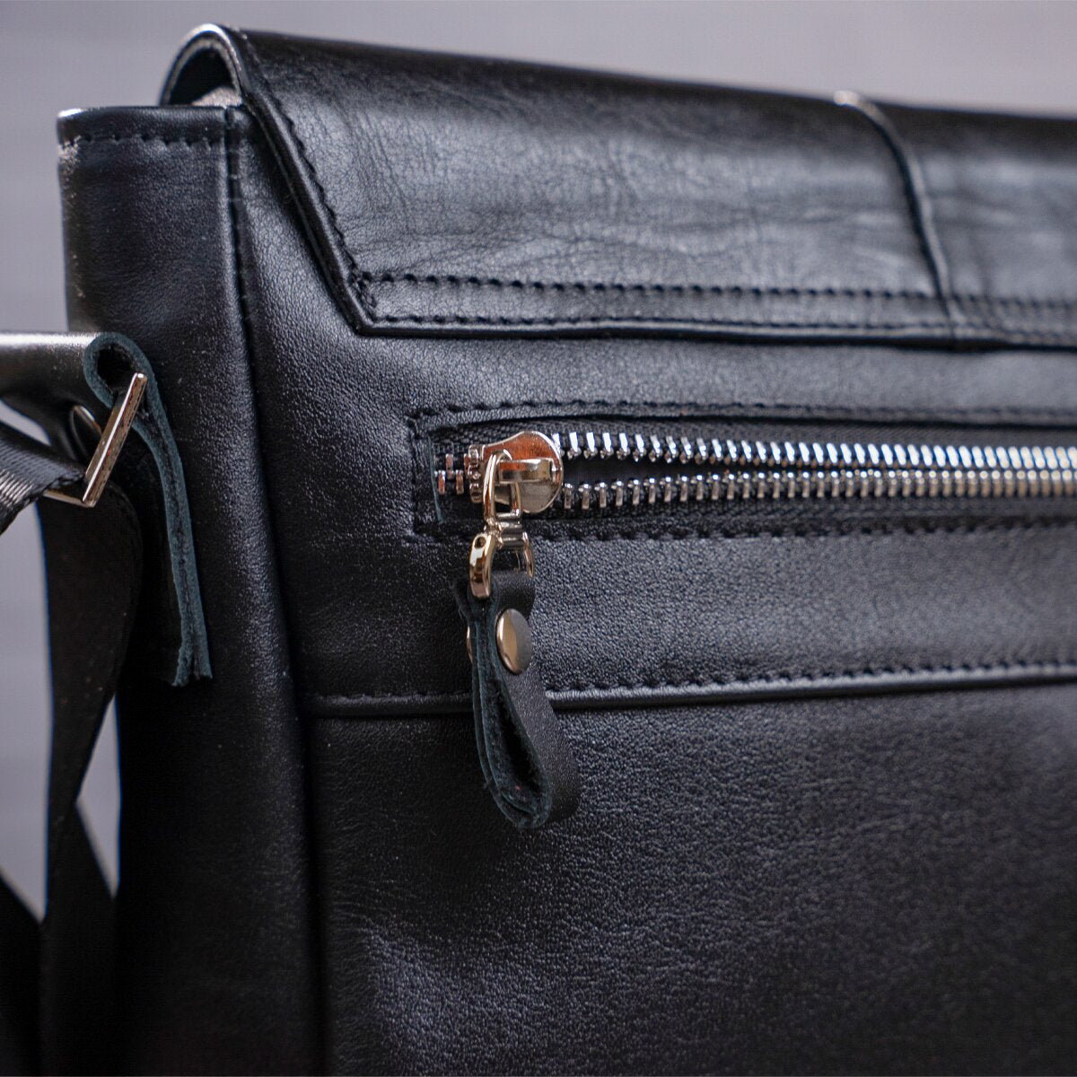 Leather Messenger Bag SHVIGEL 00793 Black Genuine Leather, Handmade in Ukraine