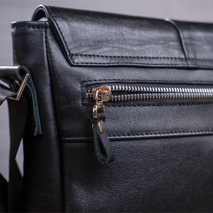 Leather Messenger Bag SHVIGEL 00793 Black Genuine Leather, Handmade in Ukraine