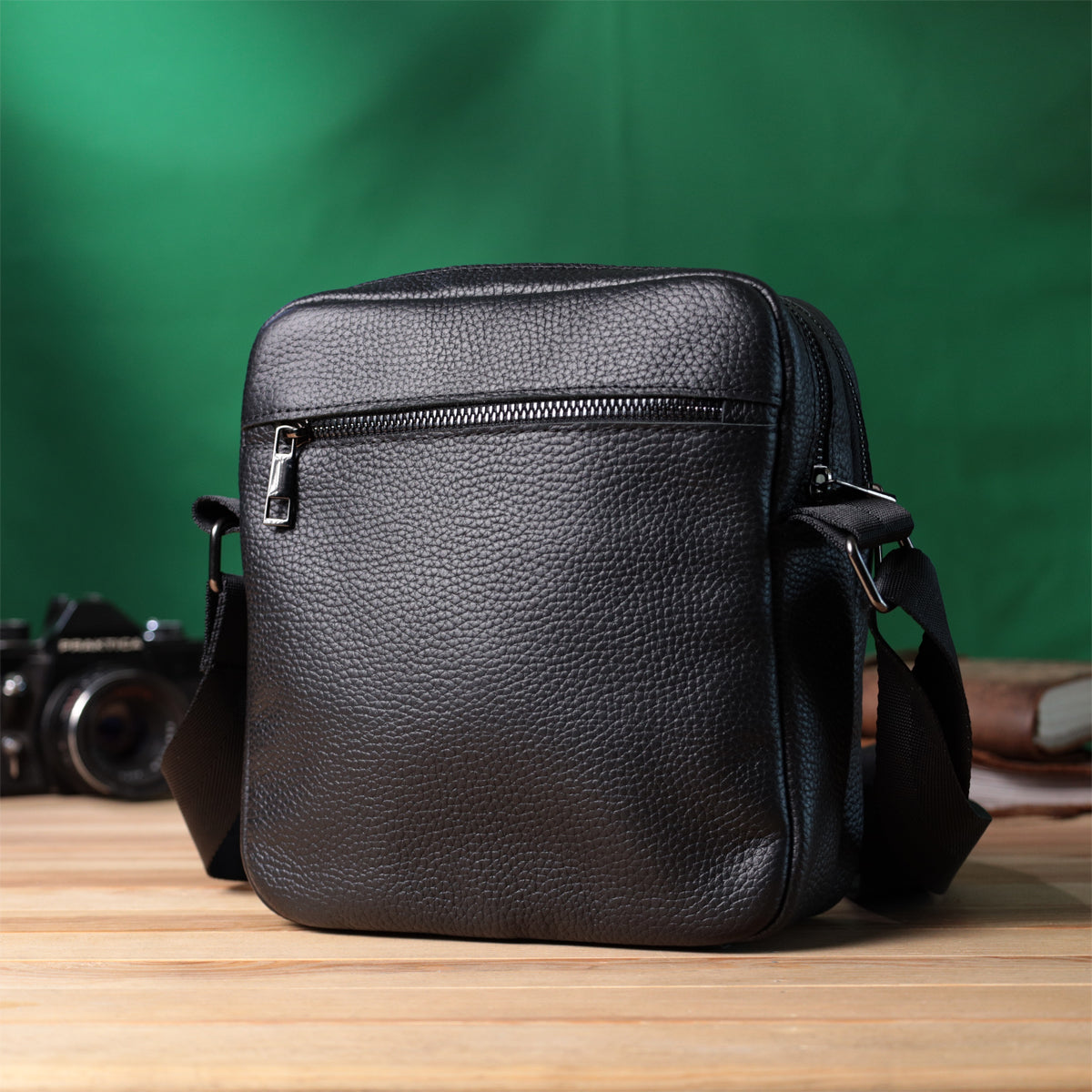 Men's Messenger Bag by SHVIGEL 22847 - Black Grain Leather - Ukrainian Craftsmanship