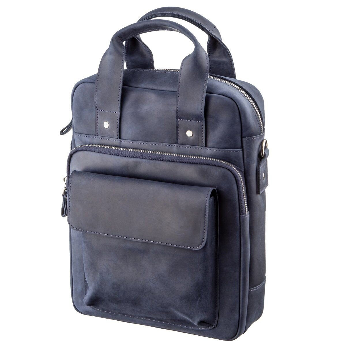 Stylish A4 Vertical Format Bag in Matte Leather by SHVIGEL, Model 11170, Blue Color