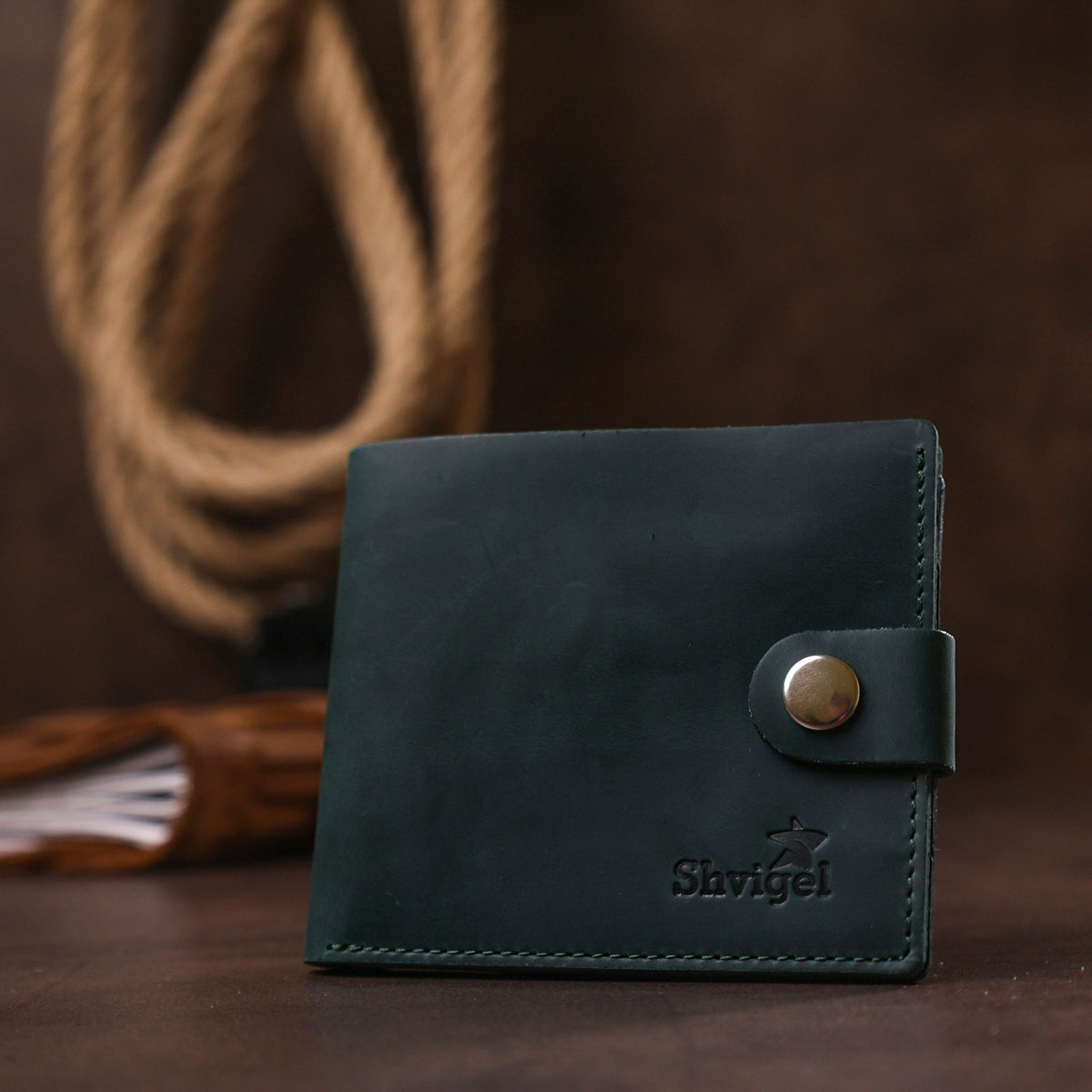 Vintage Leather Wallet SHVIGEL 16435 Green Handmade in Ukraine Natural Leather