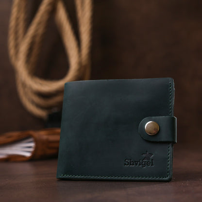 Vintage Leather Wallet SHVIGEL 16435 Green Handmade in Ukraine Natural Leather