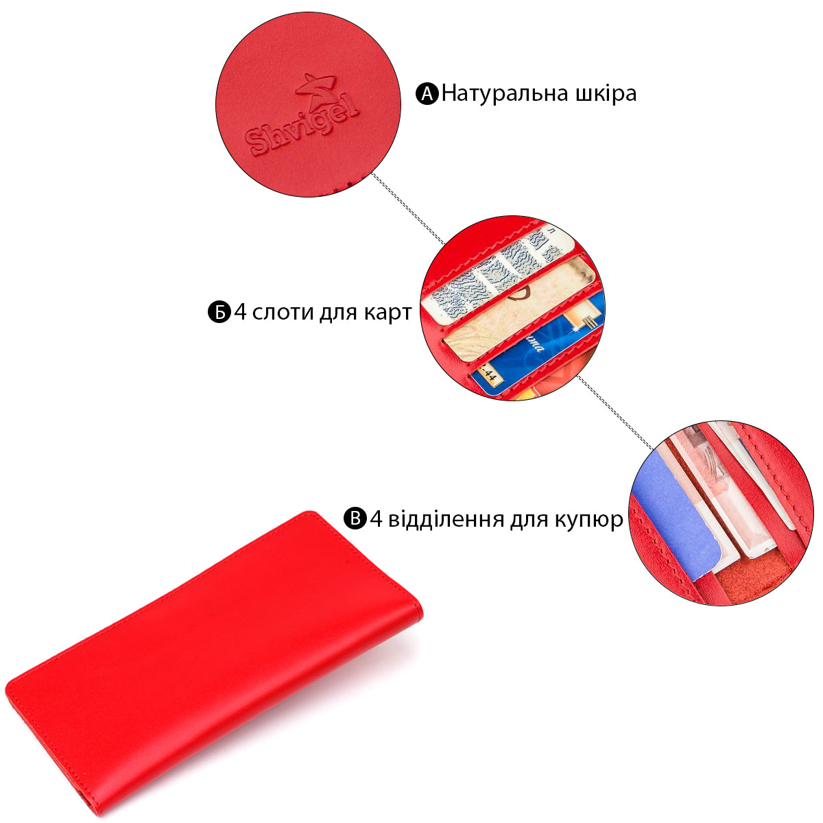 Vertical Wallet SHVIGEL 13990 Red Made of Genuine Leather from Ukraine