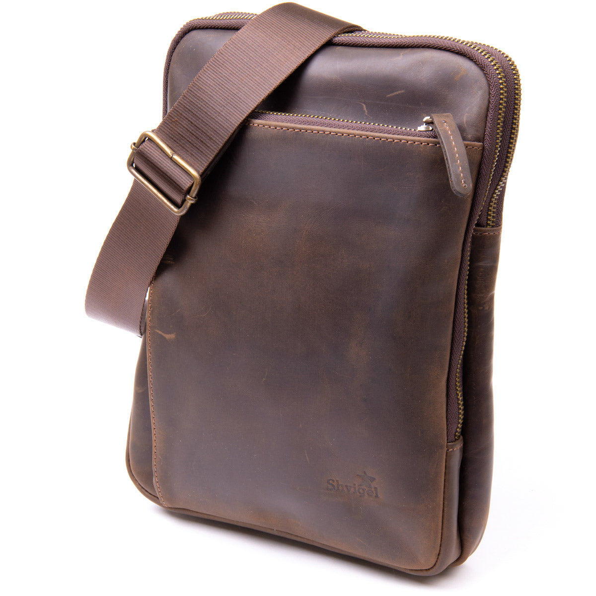 Original SHVIGEL Bag with Zippered Pocket in Matte Brown Leather 11280 - Ukrainian Craftsmanship