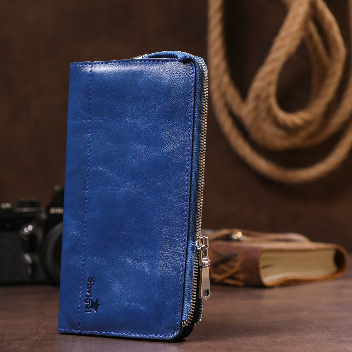 Unisex Leather Clutch SHVIGEL 16183 Blue Natural Leather Premium Quality