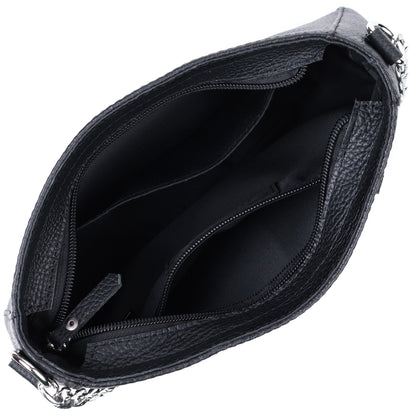 Women’s Baguette Bag with Chain and Detachable Strap, SHVIGEL 22837, Black, Grainy Leather