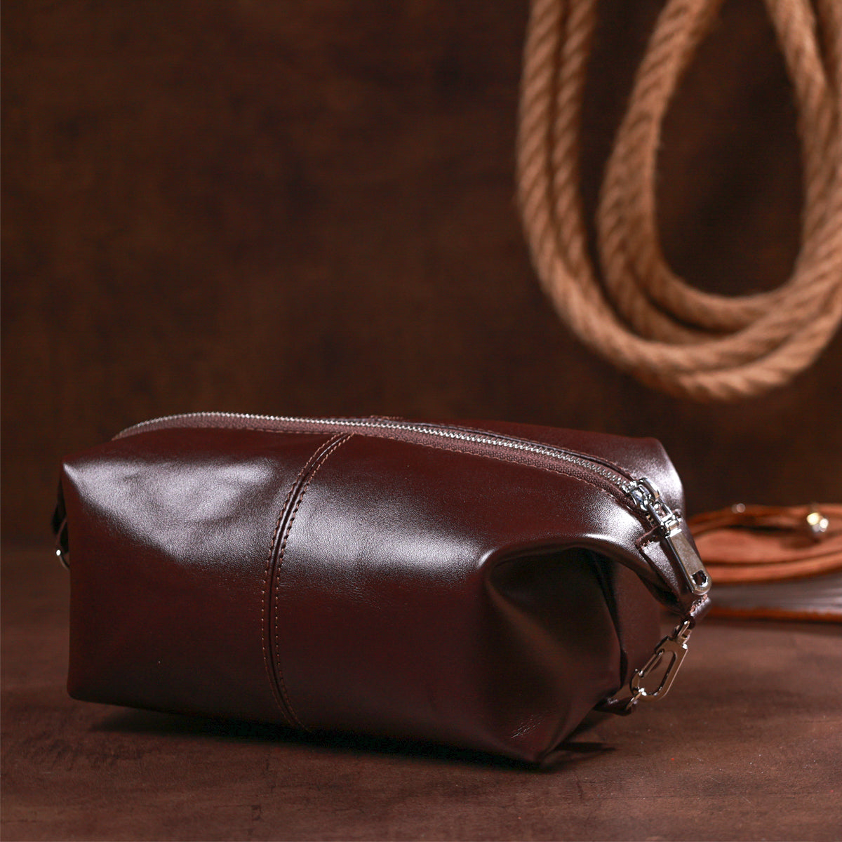 Glossy Leather Cosmetic Bag SHVIGEL 16407 Brown Genuine Leather Made in Ukraine