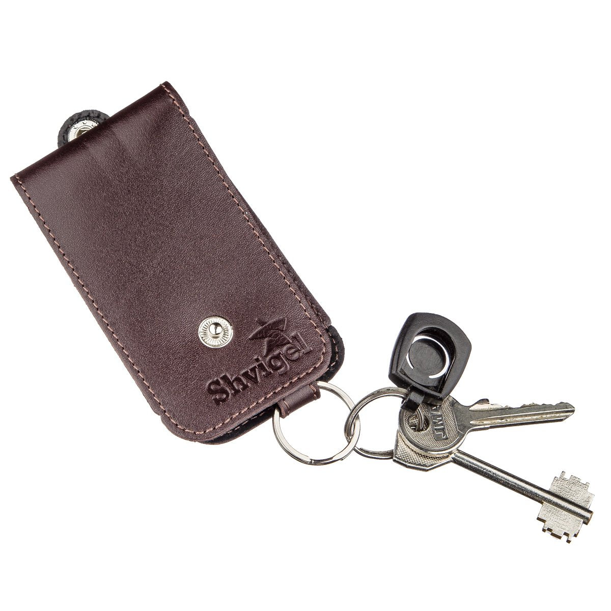 Compact Leather Key Holder with Strap SHVIGEL 13989 Brown Genuine Leather for Keys