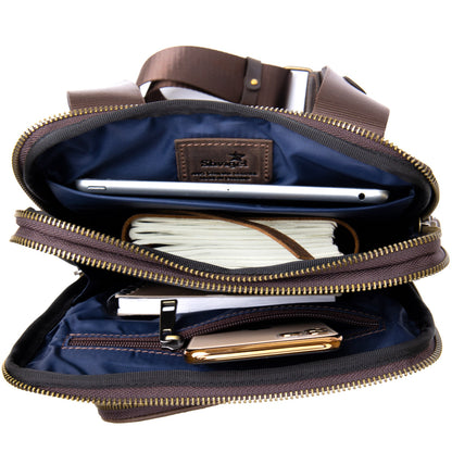 Original SHVIGEL Bag with Zippered Pocket in Matte Brown Leather 11280 - Ukrainian Craftsmanship