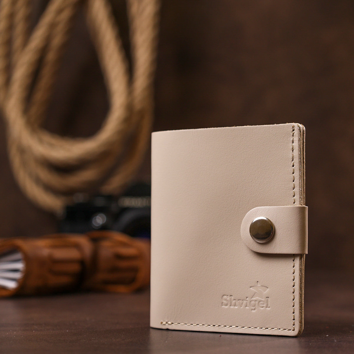 Compact Leather Wallet SHVIGEL 16489 Beige Natural Leather Handmade in Ukraine