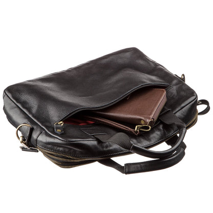 Men's Leather Laptop Bag SHVIGEL 19106 Black with Dual Compartments, Genuine Leather