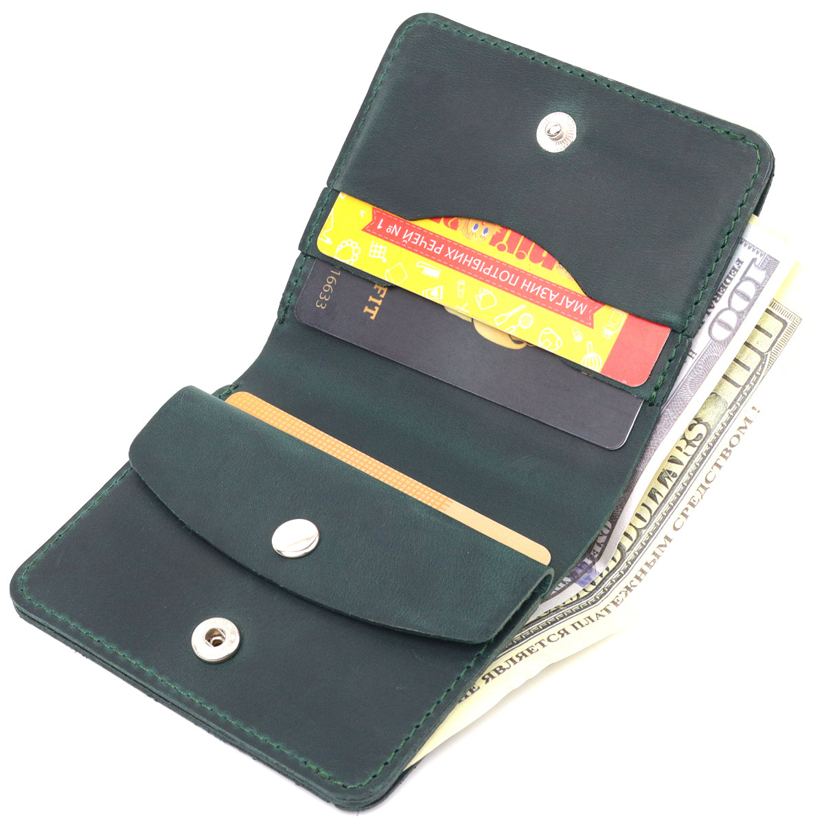 Vintage Leather Wallet SHVIGEL 16603 Green - Handmade in Ukraine, Genuine Leather