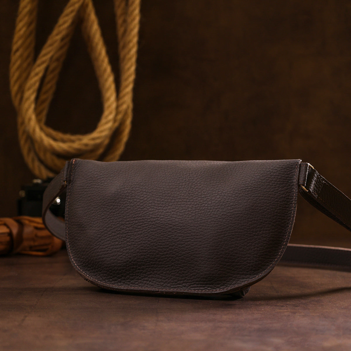 Leather Matte Banana Bag SHVIGEL 16381 Brown Handmade from Natural Leather