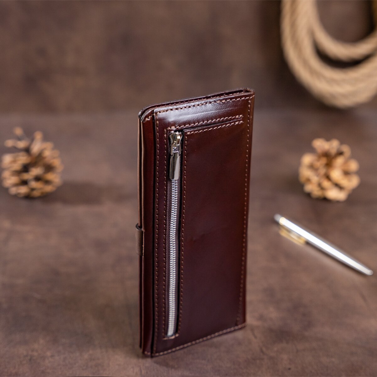 Vertical Wallet SHVIGEL 16202 Brown Genuine Leather Made in Ukraine
