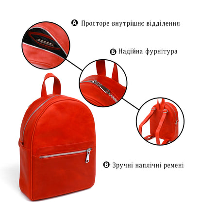 Vintage Compact Women's Backpack SHVIGEL 16312 Red Genuine Leather, Made in Ukraine