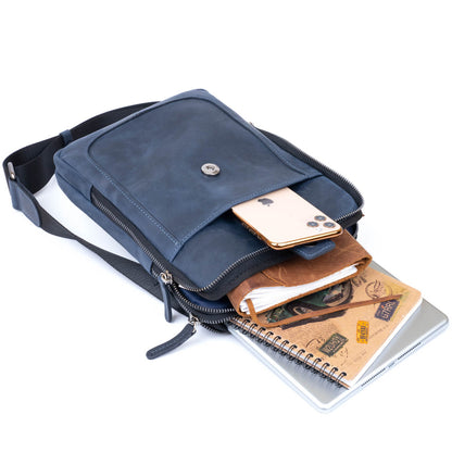 Men's Vintage Leather Tablet Bag SHVIGEL 11284 Blue Dual Compartment Natural Leather