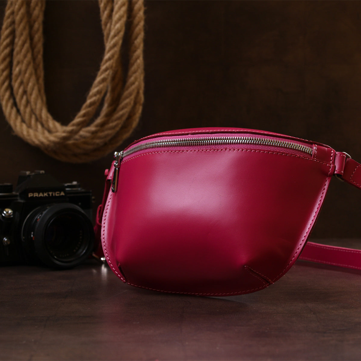 Stylish Women's Leather Banana Bag SHVIGEL 16392 Raspberry Color Premium Quality