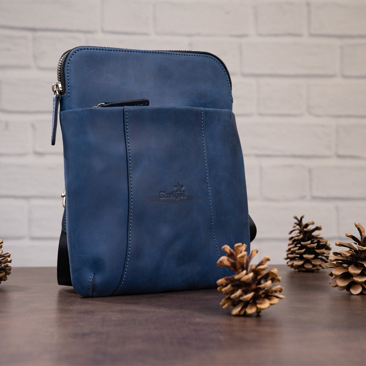 Stylish Men's Vintage Leather Messenger Bag SHVIGEL 11179 Blue, Made in Ukraine, High Quality Genuine Leather