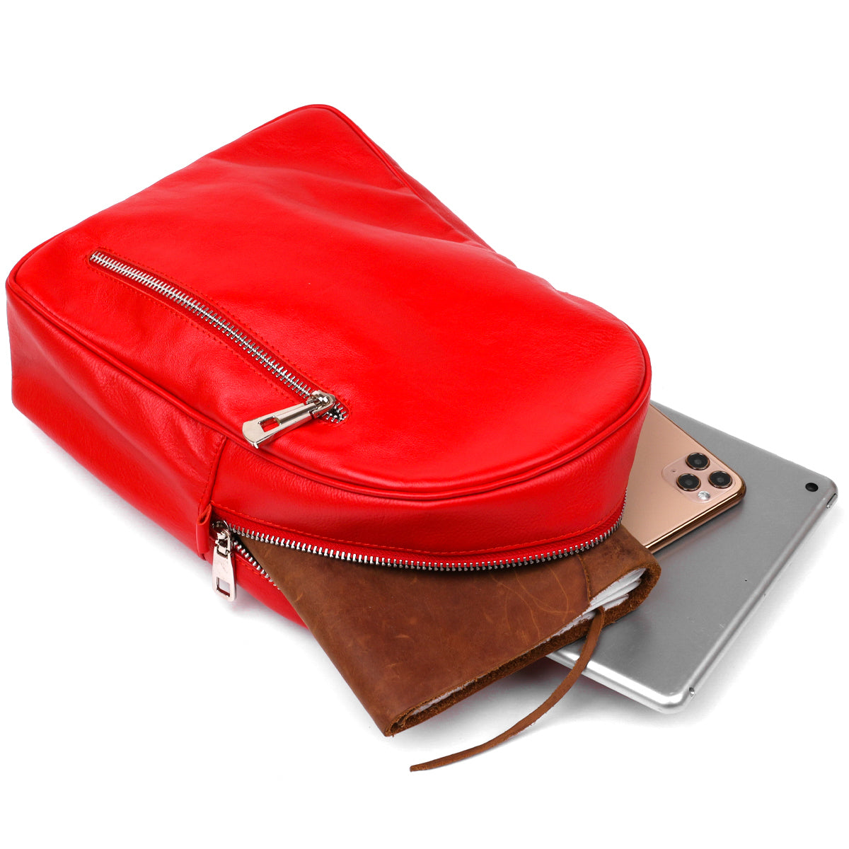 Bright Red Women's Leather Backpack by SHVIGEL, Model 16316 - Made in Ukraine