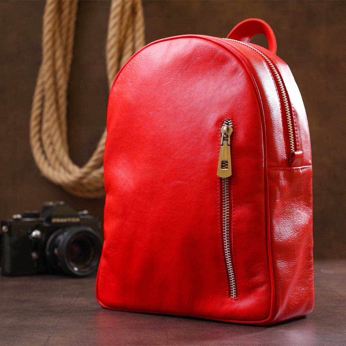 Bright Red Women's Leather Backpack by SHVIGEL, Model 16316 - Made in Ukraine