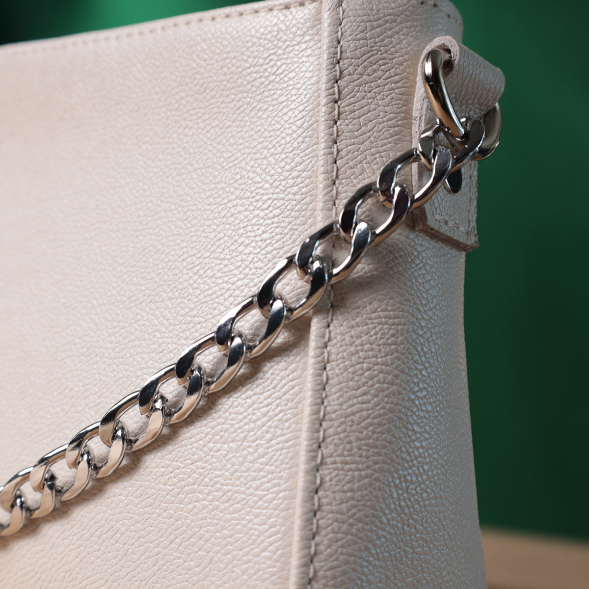 Baguette Bag SHVIGEL 22835 Beige with Chain and Removable Strap Made of Genuine Leather