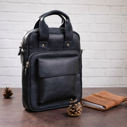 Vertical Men's Bag SHVIGEL 11169 A4 Size Black Matte Natural Leather