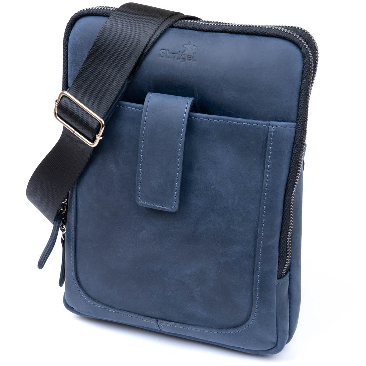 Men's Vintage Leather Tablet Bag SHVIGEL 11284 Blue Dual Compartment Natural Leather