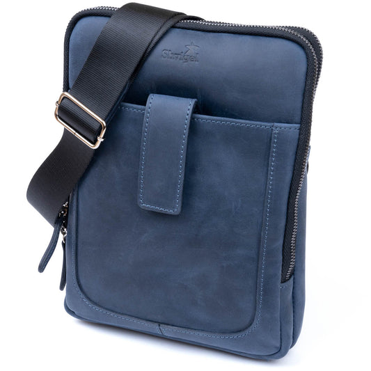 Men's Vintage Leather Tablet Bag SHVIGEL 11284 Blue Dual Compartment Natural Leather