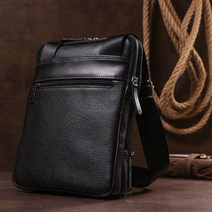 Men's Leather Satchel Bag SHVIGEL 11283 Black, Two Compartment Flotar Design