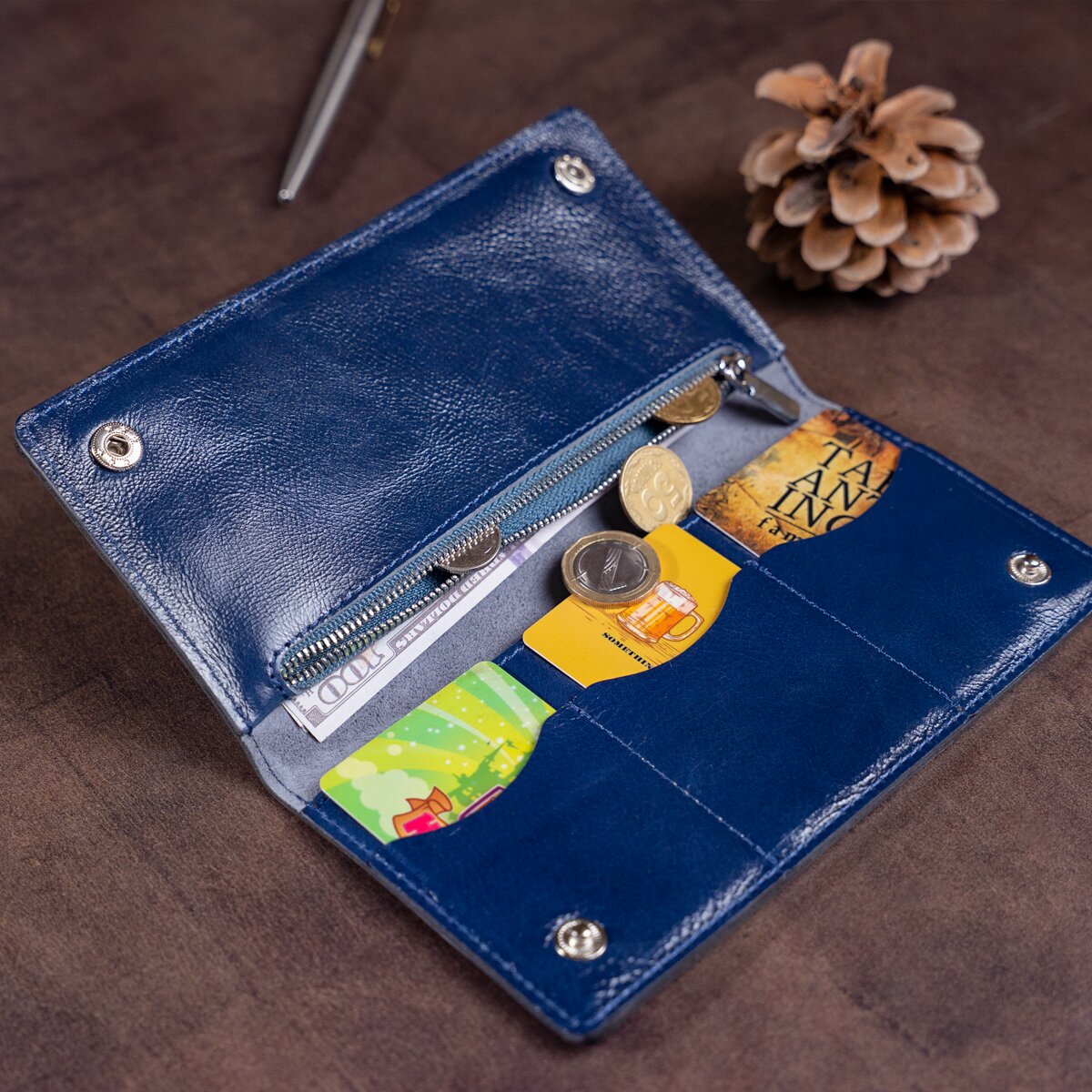 Unisex Leather Wallet with Snap Closure by SHVIGEL, Model 16192, Blue - Made in Ukraine