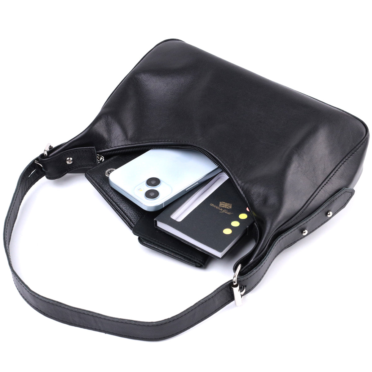 SHVIGEL Women's Baguette Bag with Adjustable Strap, Smooth Natural Leather, Black, Model 22834