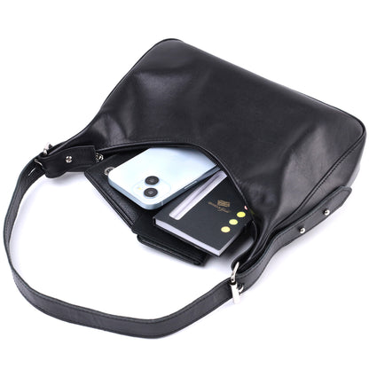 SHVIGEL Women's Baguette Bag with Adjustable Strap, Smooth Natural Leather, Black, Model 22834