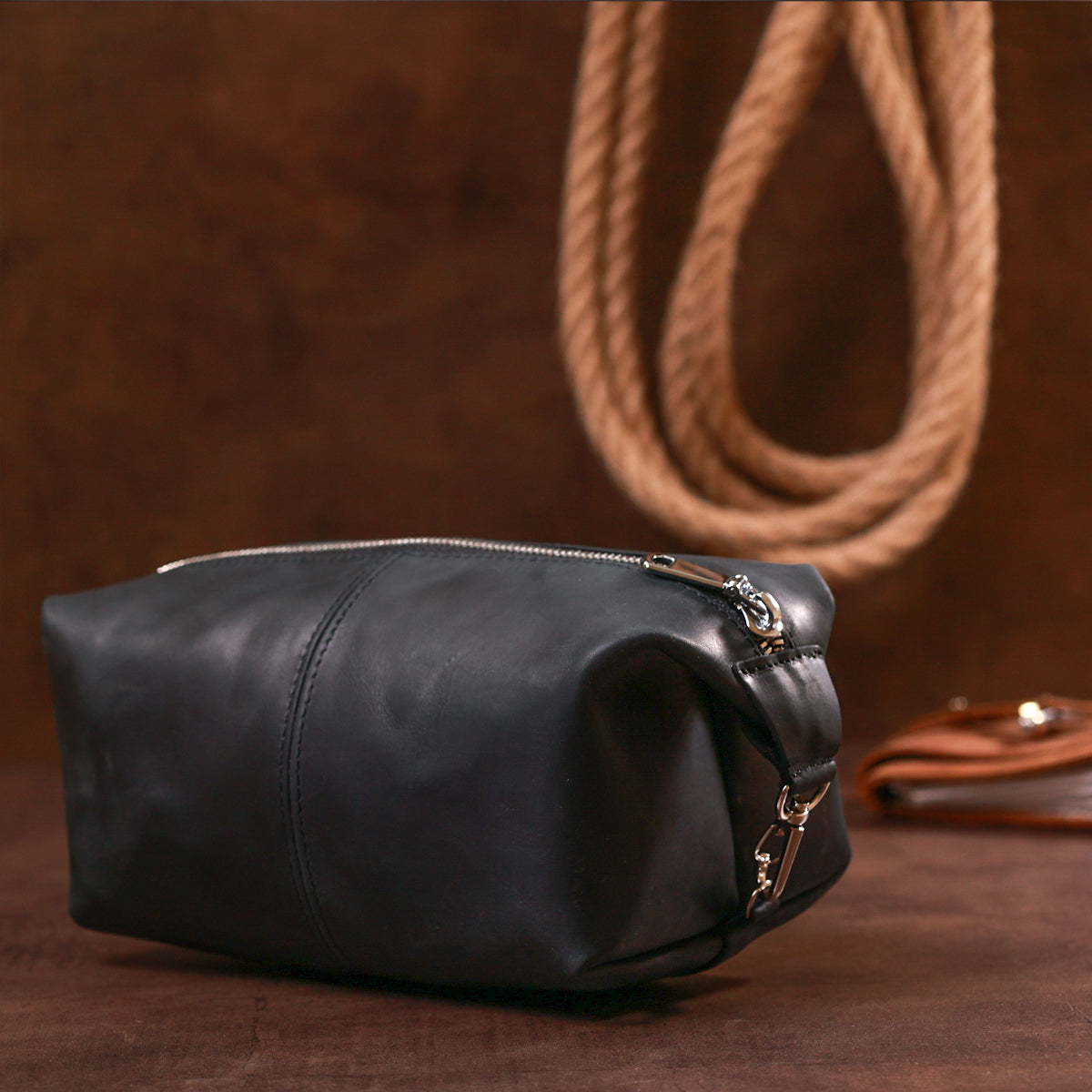Stylish Vintage Cosmetic Bag SHVIGEL 16397 Black Natural Leather Made in Ukraine