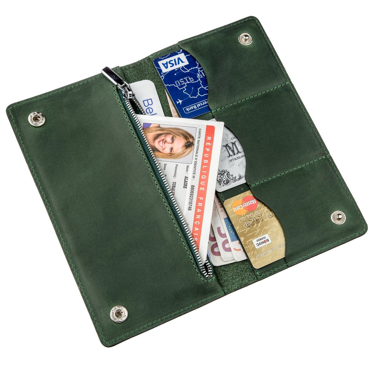 Unisex Vertical Wallet SHVIGEL 16197 Green Crazy Horse Leather Made in Ukraine