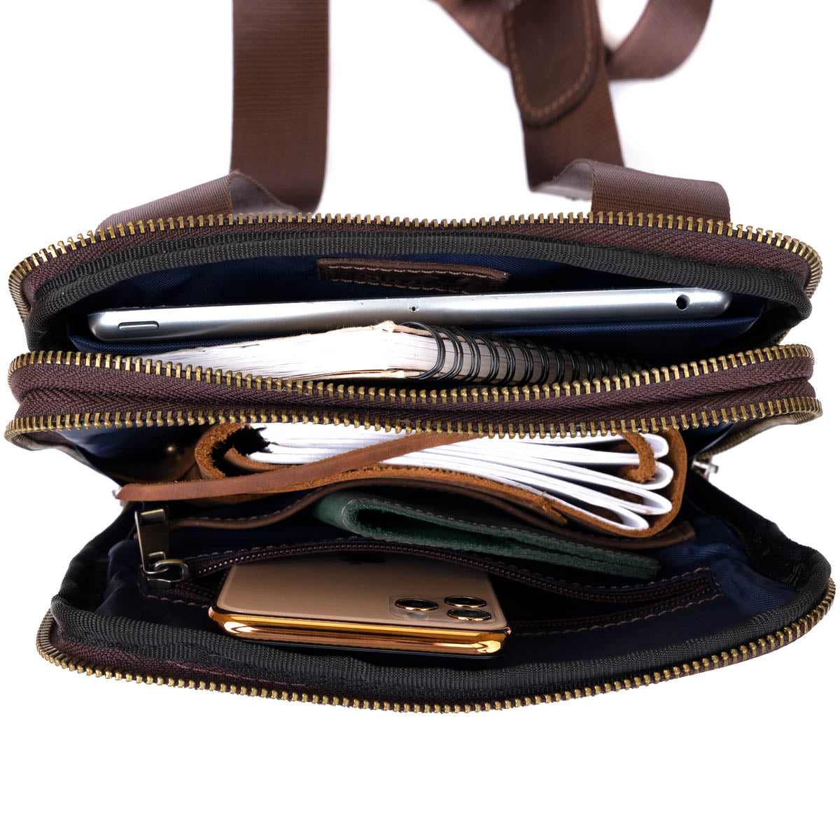 Men's Leather Tablet Bag SHVIGEL 11285 Brown with Two Compartments, Ukrainian Crafted