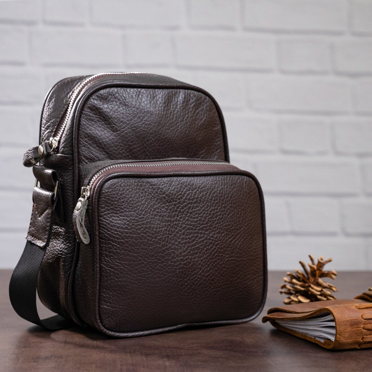 Leather Messenger Bag SHVIGEL 00899 Brown Genuine Leather, Made in Ukraine