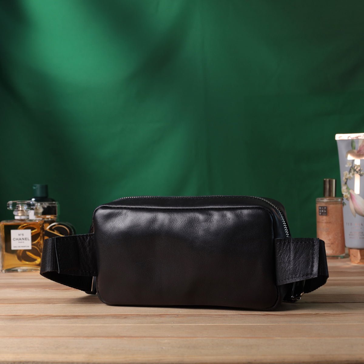 Rectangular Men's Banana Bag SHVIGEL 22825 Black Glossy Leather Made in Ukraine