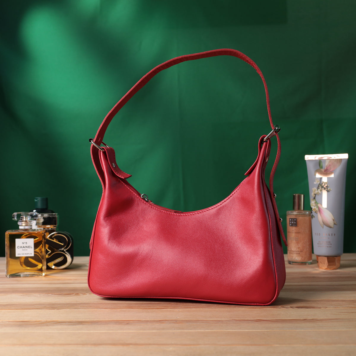 Bright Leather Baguette Bag with Adjustable Strap SHVIGEL 22832 Red, Made in Ukraine