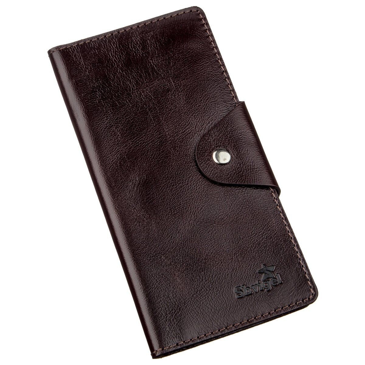 Vertical Wallet SHVIGEL 16171 Brown Alcor Leather with Snap Closure, Ukraine Made