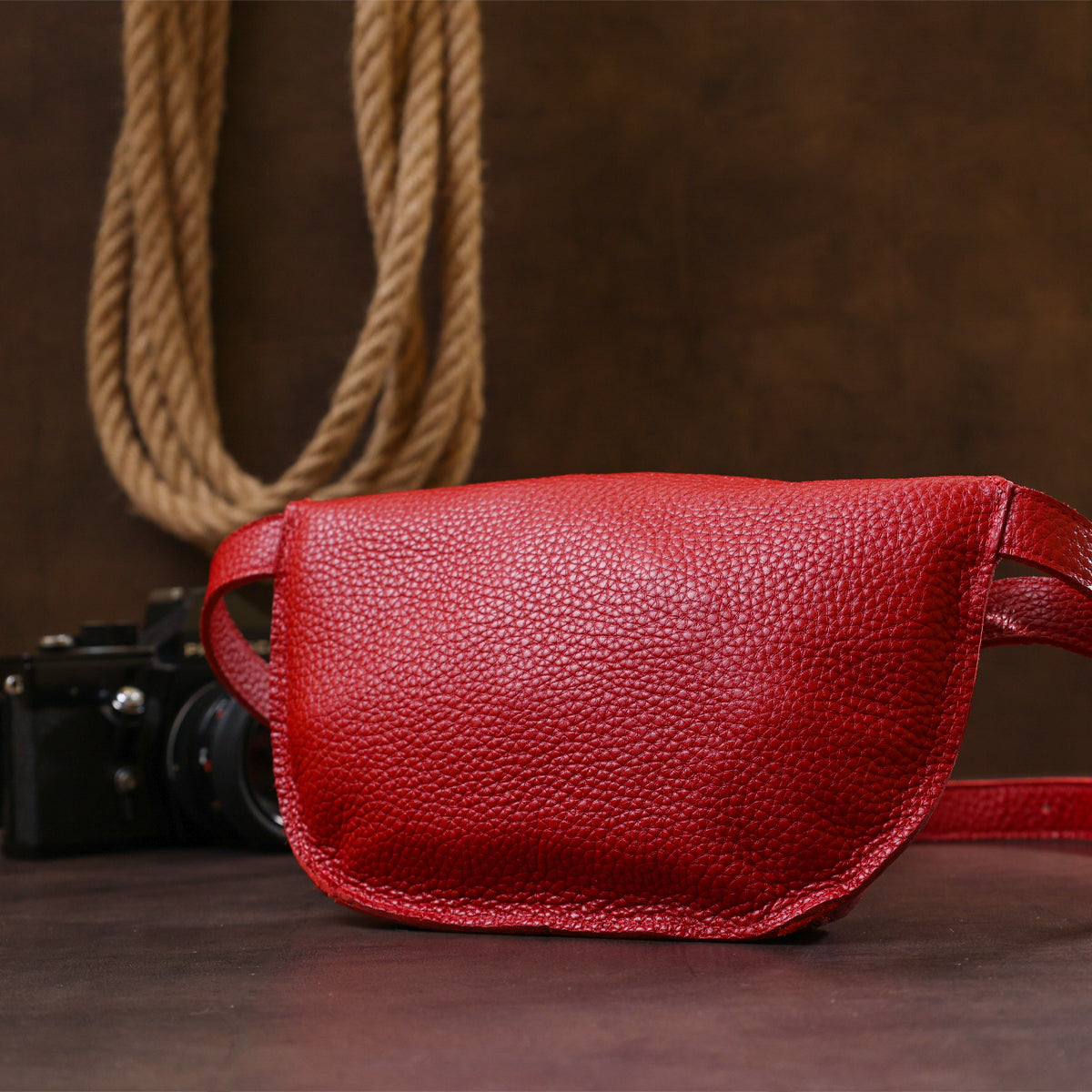 Women's Genuine Leather Belt Bag by SHVIGEL, Article 16372, Red Color, Made in Ukraine