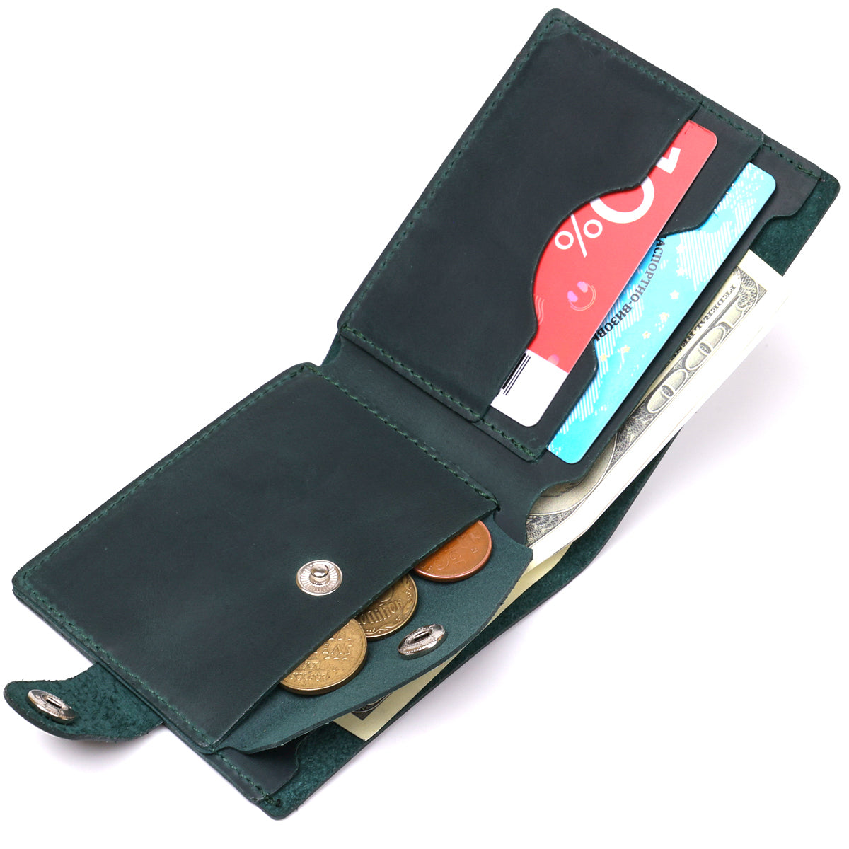 Vintage Leather Wallet SHVIGEL 16435 Green Handmade in Ukraine Natural Leather