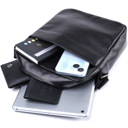 Adjustable Crossbody Bag SHVIGEL 22849 Black Glossy Genuine Leather for Men