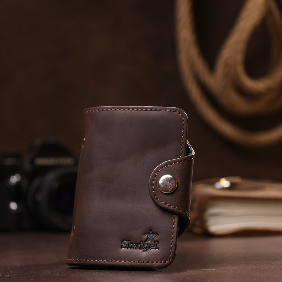 Vertical Business Card Holder SHVIGEL 13908 Leather Brown Natural Skin for Business Cards