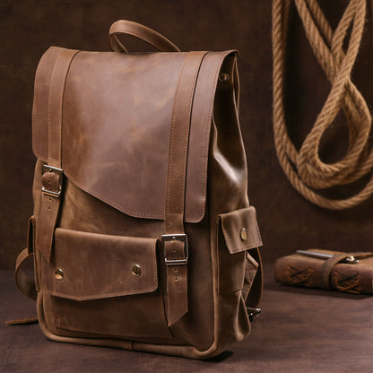 Vintage Effect Backpack SHVIGEL 13947 Brown Natural Leather Handmade in Ukraine