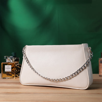 Baguette Bag SHVIGEL 22835 Beige with Chain and Removable Strap Made of Genuine Leather