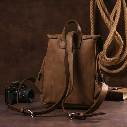 Unisex Crazy Horse Leather Backpack by SHVIGEL Model 13948 in Brown – Made in Ukraine, Natural Leather